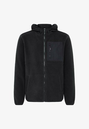 Black fleece zip-up jacket with a hood, featuring a chest pocket in a contrasting fabric and two side pockets. Soft texture throughout.