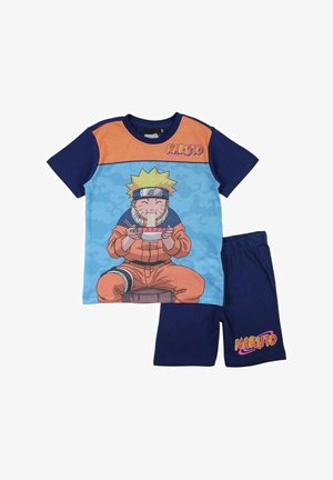 Ensemble de pyjama à manches courtes bleu sur le thème de Naruto ; comprend un haut accentué d'orange avec un graphisme et un short bleu marine, confectionné en tissu doux.