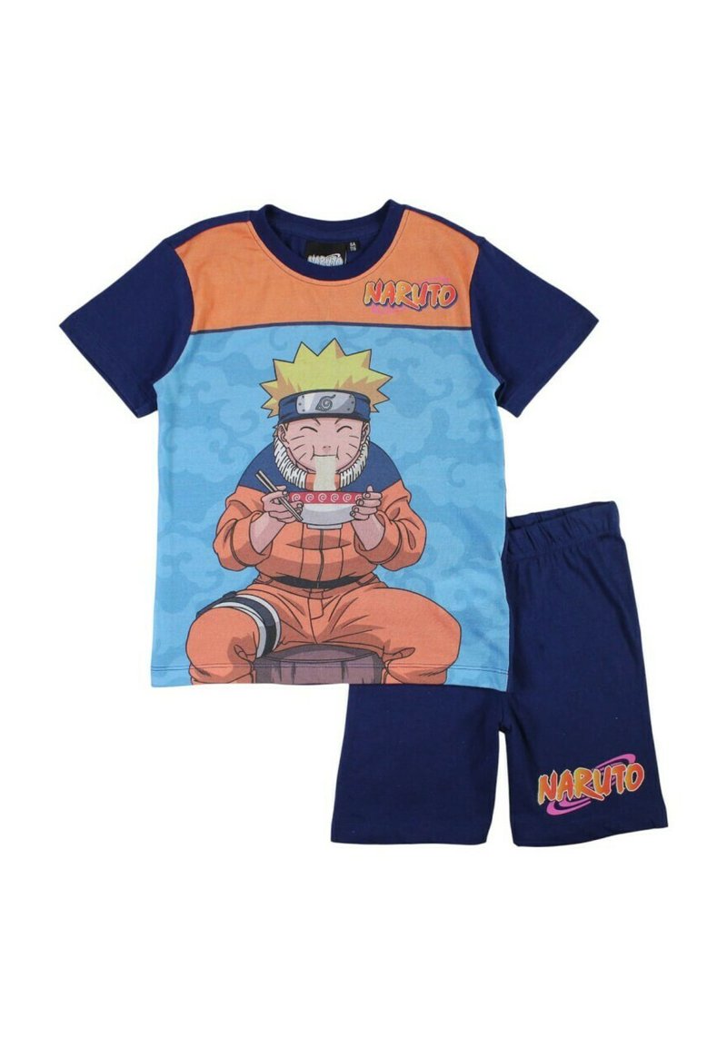 Ensemble de pyjama à manches courtes bleu sur le thème de Naruto ; comprend un haut accentué d'orange avec un graphisme et un short bleu marine, confectionné en tissu doux.