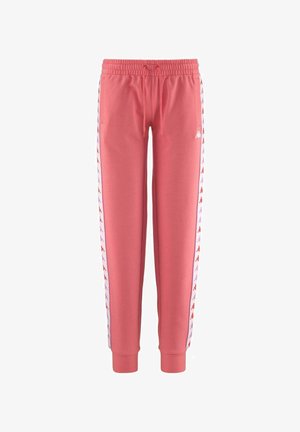 Pantaloni della tuta rosa con cintura elastica, caratterizzati da strisce laterali con loghi in rosso e viola. Realizzati in materiale morbido e leggero.