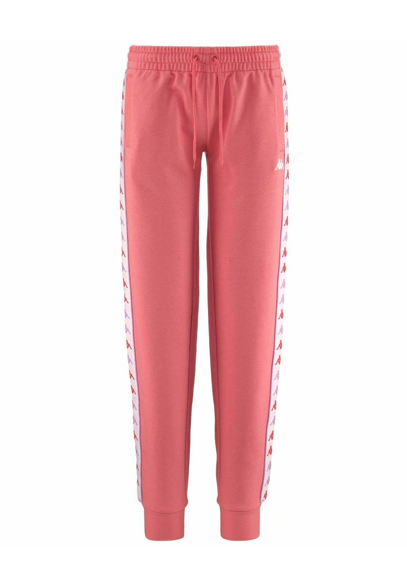 Pantaloni della tuta rosa con cintura elastica, caratterizzati da strisce laterali con loghi in rosso e viola. Realizzati in materiale morbido e leggero.