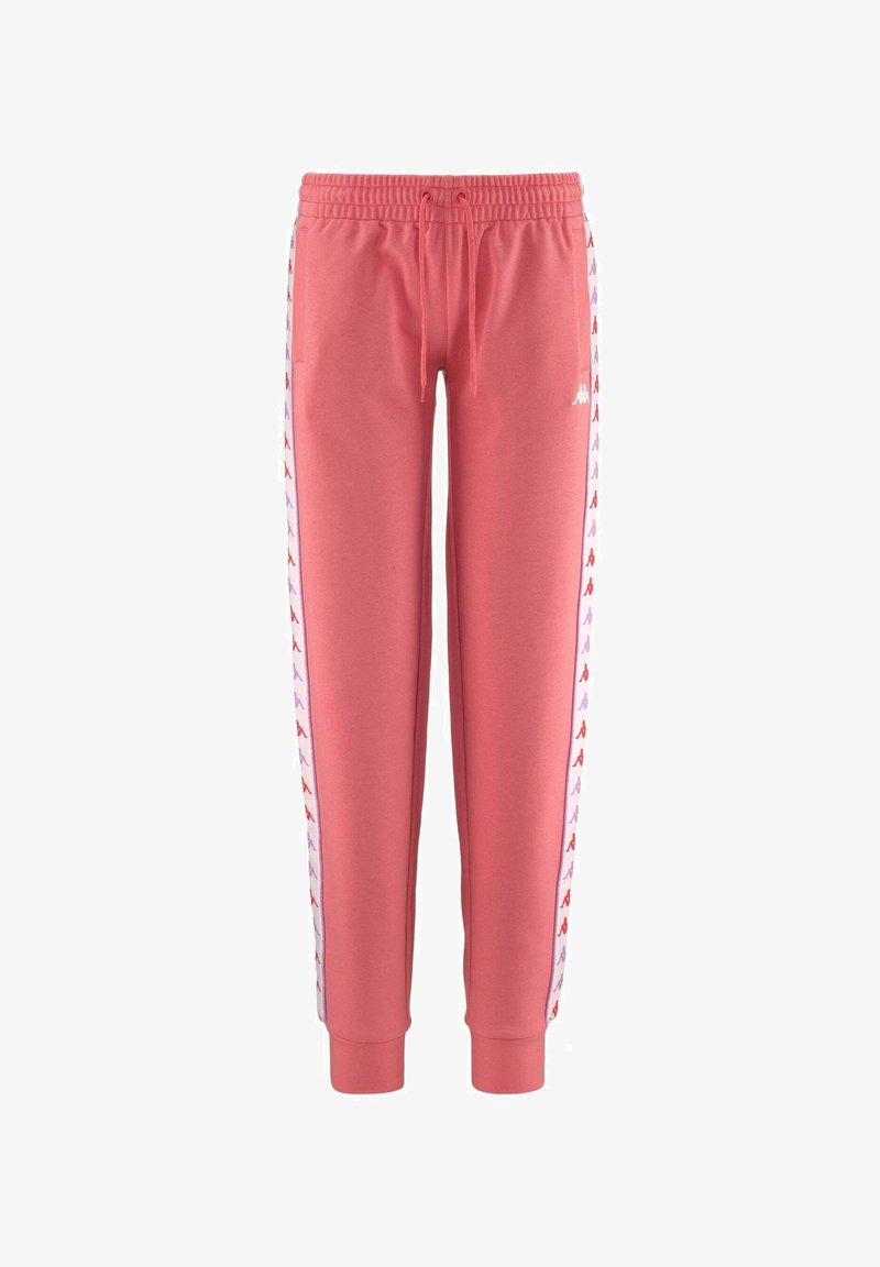 Pantaloni della tuta rosa con cintura elastica, caratterizzati da strisce laterali con loghi in rosso e viola. Realizzati in materiale morbido e leggero.