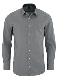 Herren Langarm Hemd in Grau mit Button-Down-Kragen, schlichten Manschetten und einem subtilen strukturierten Muster.