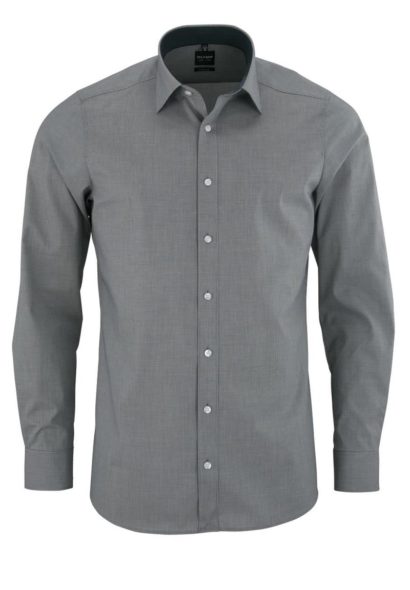 Herren Langarm Hemd in Grau mit Button-Down-Kragen, schlichten Manschetten und einem subtilen strukturierten Muster.