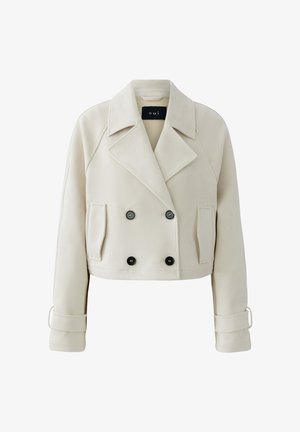 Gekürzte beige Doppelreiher-Jacke mit breiten Revers, zwei seitlichen Taschen, Knopfdetails und Schnallenriemen an den Ärmeln.