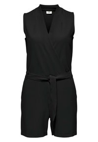 Mono negro sin mangas con un diseño de parte delantera cruzada, cintura ceñida con cinturón y pantalones cortos rectos. Tejido suave con un diseño minimalista.