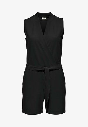 Combinaison sans manches noire avec un devant enroulé, une taille ceinturée et un short droit. Tissu lisse au design minimaliste.