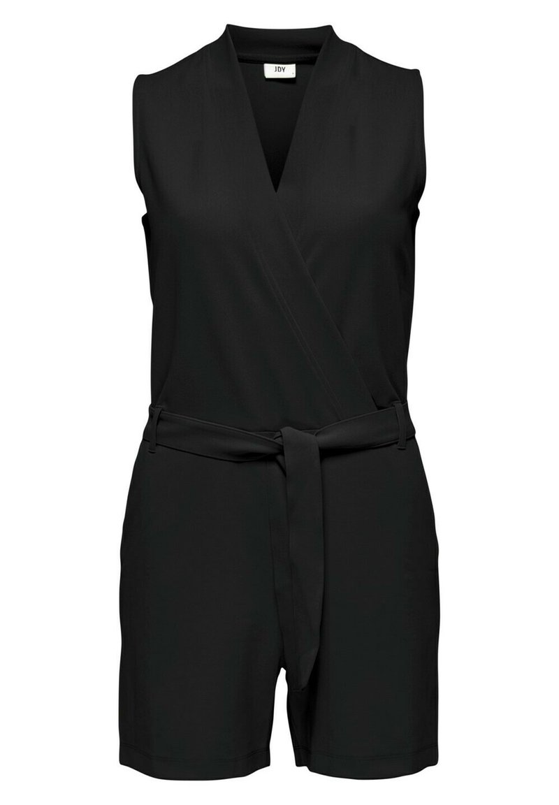 Mono negro sin mangas con un diseño de parte delantera cruzada, cintura ceñida con cinturón y pantalones cortos rectos. Tejido suave con un diseño minimalista.