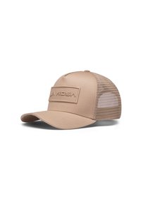 Berretto da baseball khaki con pannello frontale liscio, retro in rete e un'etichetta con logo in rilievo. Visiera curvata e pannelli di ventilazione per traspirabilità.