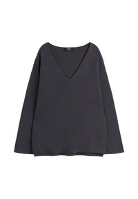 Mörkgrå sweatshirt med djup V-urringning, långa ärmar och avslappnad passform. Tillverkad av mjukt tyg med slät yta och utan synliga mönster.