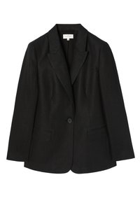 Černý blazer vyrobený z texturované látky, se zapínáním na jeden knoflík, dvěma předními kapsami a klopami. Přizpůsobený střih, rukávy střední délky.