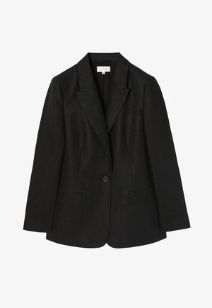 Schwarzes Blazer aus strukturiertem Stoff mit einer Einzelknopfverschluss, zwei vorderen Taschen und eingekerbten Revers. Taillierte Passform, ärmel in mittellanger Länge.