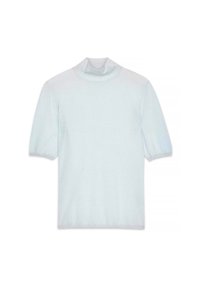 Svetlomodrý krátky rukáv turtleneck top vyrobený z mäkkého pleteného materiálu, s vysokým golierom a mierne voľným strihom.