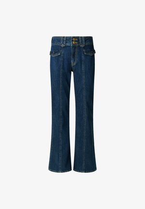 Jeans de mezclilla azul oscuro con pierna acampanada, que cuentan con dos bolsillos frontales, una cintura alta y un cierre de doble botón en la cinturilla.