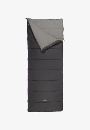 Zwarte slaapzak met een grijze binnenkant, voorzien van horizontale stiknaden, een rits over de volle lengte en een logo in het midden onderaan.