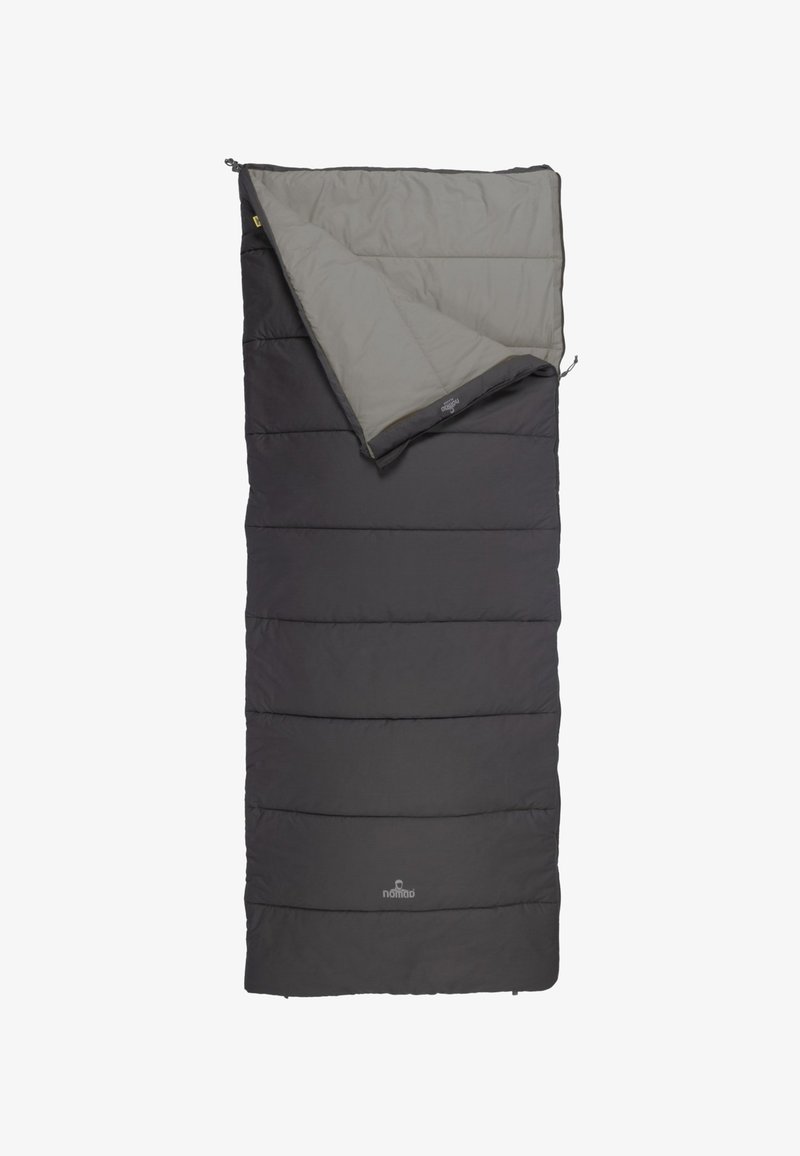 Zwarte slaapzak met een grijze binnenkant, voorzien van horizontale stiknaden, een rits over de volle lengte en een logo in het midden onderaan.