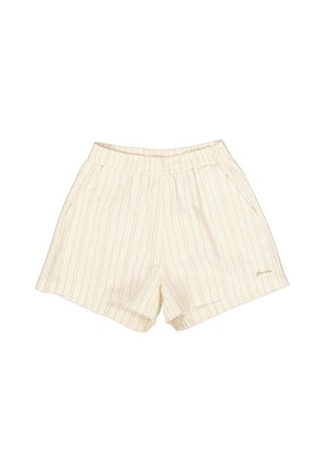 Cremefarbene Shorts mit vertikalen hellorangefarbenen Streifen, elastischem Bund, zwei seitlichen Taschen und dezentem gesticktem Markenlogo am Saum.