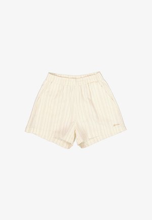 Cremefarbene Shorts mit vertikalen hellorangefarbenen Streifen, elastischem Bund, zwei seitlichen Taschen und dezentem gesticktem Markenlogo am Saum.
