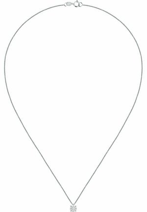 Silberne Kettenhalskette mit einem dünnen, filigranen Design, ausgestattet mit einem kleinen, quadratischen Diamant-Anhänger, der funkelt.