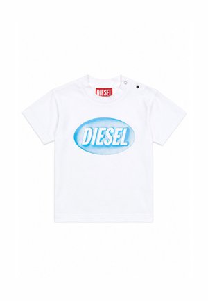 Maglietta bianca per neonati a maniche corte con logo ovale blu con la scritta "DIESEL" sul davanti e bottoni a scatto sulla spalla sinistra.