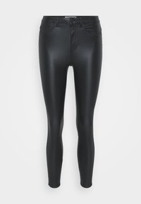 Zwarte faux leren leggings met een aansluitend ontwerp, vijf-pocket styling en een gladde, glanzende textuur. Bevat een rits en een knoopsluiting aan de voorkant.