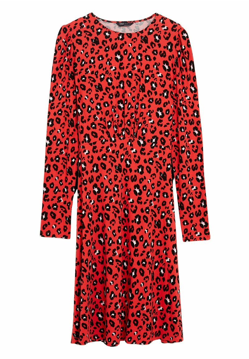 Rotes Langarmkleid mit einem schwarz-weißen Leopardenmuster, tailliert und mit einem fließenden Rock. Hergestellt aus weichem, dehnbarem Stoff.