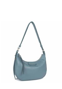 Blauwe leren schoudertas met een ronde vorm, ritsluiting, lange verstelbare schouderband en een klein logo-patch aan de voorkant.