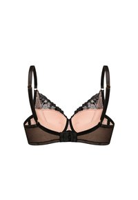 Czarny biustonosz z koronki i siateczki z różowymi, wyściełanymi miseczkami, z karbowanymi brzegami, regulowanymi ramiączkami i zapięciem na haftki z tyłu.