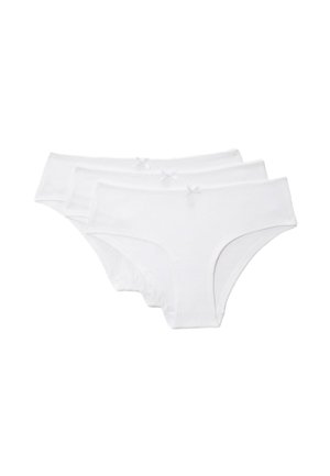 Trois culottes blanches en coton pour femmes de style shorty avec de petits nœuds, superposées et présentées sur fond blanc.