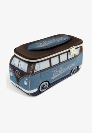 Bleistiftetui in Form eines Volkswagen-Busses in Blau und Braun mit einem Reißverschluss, das ein detailliertes grafisches Design und gestickte Akzente aufweist.
