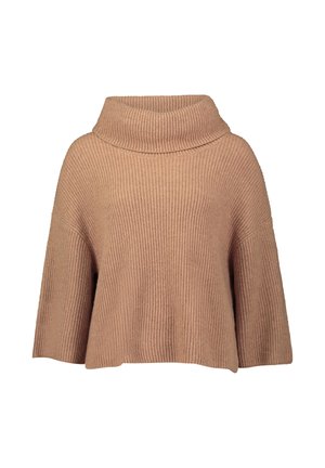 Beżowy sweter z prążkowanego dzianiny z szerokim, złożonym kołnierzem oraz oversize'owymi, krótkimi rękawami. Miękka tekstura, luźny krój i minimalistyczny design.