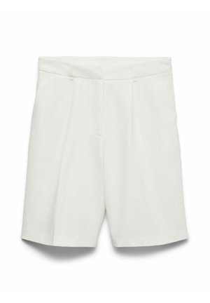 Pantaloni shorts bianchi su misura realizzati in tessuto liscio, caratterizzati da una parte frontale liscia, tasche laterali e una vestibilità comoda. Linee pulite senza decorazioni.