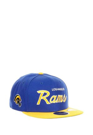 Blue and yellow Los Angeles Rams baseball cap with team name embroidered on front and helmet logo on side.