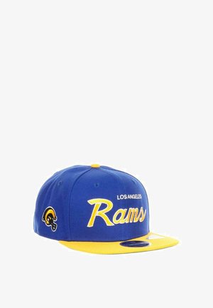 Blue and yellow Los Angeles Rams baseball cap with team name embroidered on front and helmet logo on side.