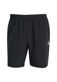 Sorte atletiske shorts lavet af letvægtsstof, med en elastisk talje og et lille hvidt logo på nederste venstre side.