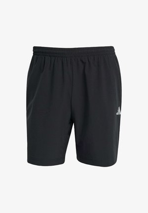 Schwarze Sportshorts aus leichtem Material, mit elastischem Bund und einem kleinen weißen Logo auf der linken unteren Seite.