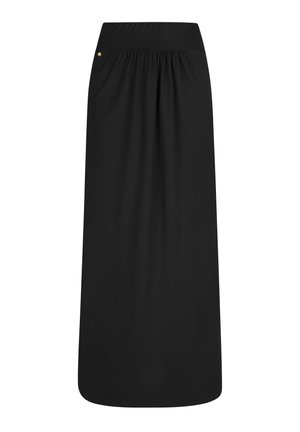 Zwarte high-waist maxi-rok met geplooide details onder de tailleband en een kleine gouden knoop aan de linkerkant.