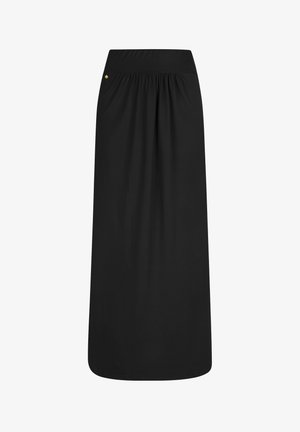 Falda larga negra de cintura alta con detalles fruncidos debajo de la pretina y un pequeño botón dorado en el lado izquierdo.