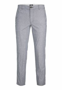 Světle šedé chino kalhoty se slim fit střihem, plochým předním dílem, zapínáním na knoflík, dvěma bočními kapsami a jemně texturovanou tkaninou.