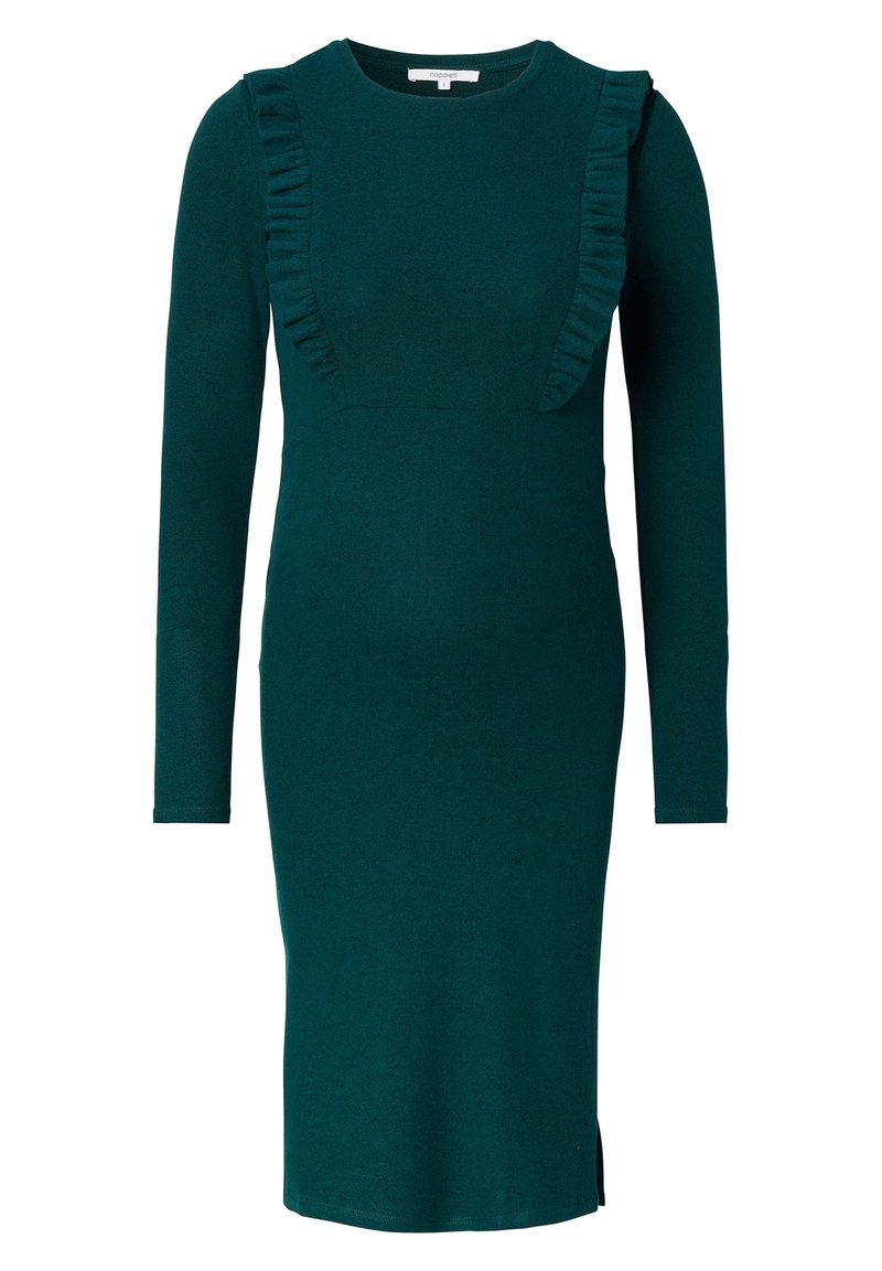 Abito a maniche lunghe in teal con un design aderente, caratterizzato da dettagli arricciati lungo la parte frontale e orlo dritto con spacchi laterali.