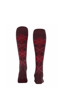 Calzini borgogna con motivo argyle, presentano diamanti rossi scuri e dettagli bianchi; texture a coste nella parte superiore per un comfort aggiunto.