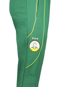 Grüne Sweatpants mit gelben Akzenten, die ein kreisförmiges Logo zeigen, das eine Zeichentrickfigur in einem gelben Shirt und drei goldenen Sternen darüber enthält.
