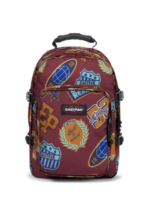 Maroon backpack with various colorful patches, featuring round shapes, sports icons, and "Built to resist" text, accented with black hardware.