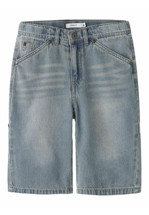 Lyseblå denimshorts med frontlommer, beltehemper, knappelukking og lett falmede detaljer.