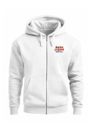 White zip-up hoodie with a drawstring hood, featuring "Pasta La Vista" in red and "Neverless" in blue on the left chest. Two front pockets.