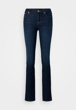 Jeans in denim blu scuro con un design a gamba dritta, dotati di tasche frontali, chiusura con bottone e dettagli di cucitura discreti.