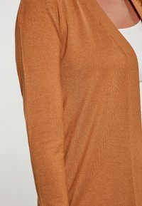 Cardigan cald, ușor, de culoare chihlimbar. Dispune de un decolteu în formă de V, mâneci lungi și o textură netedă tricotată. Fără modele sau accente vizibile.