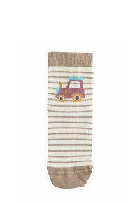 Calcetín de niño de rayas beige y blancas con un pequeño gráfico de un tractor morado y azul cerca del puño superior.