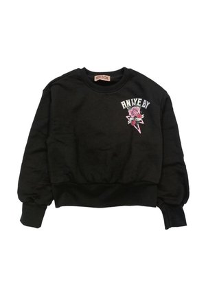 Felpa nera corta in cotone, con una grafica di una rosa rosa e la scritta "ANYE BY" sul davanti. Maniche lunghe a palloncino e orlo a coste.