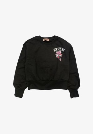 Felpa nera corta in cotone, con una grafica di una rosa rosa e la scritta "ANYE BY" sul davanti. Maniche lunghe a palloncino e orlo a coste.